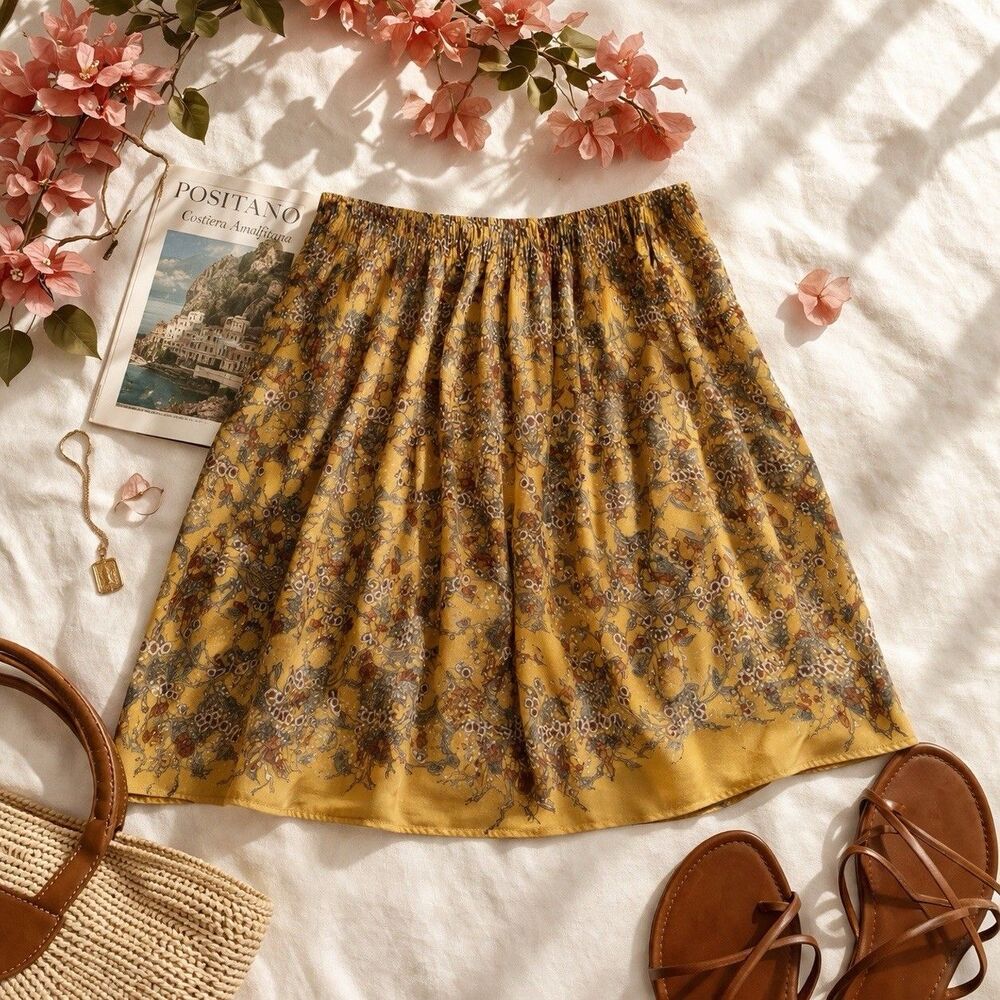 Max Studio Yellow Floral Skirt Elastic Waist Knee Length Flowy Summer Large
